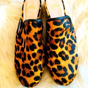 J Crew Leopard Calf Hair Clogs